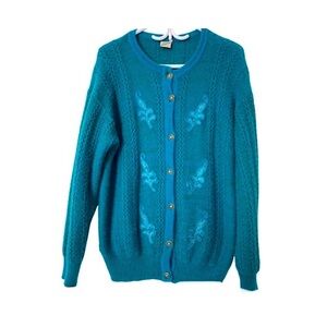 Vintage 80s Teal Wool Blend Mohair Knit Cardigan Pinwheel Buttons Leaf Appliqués